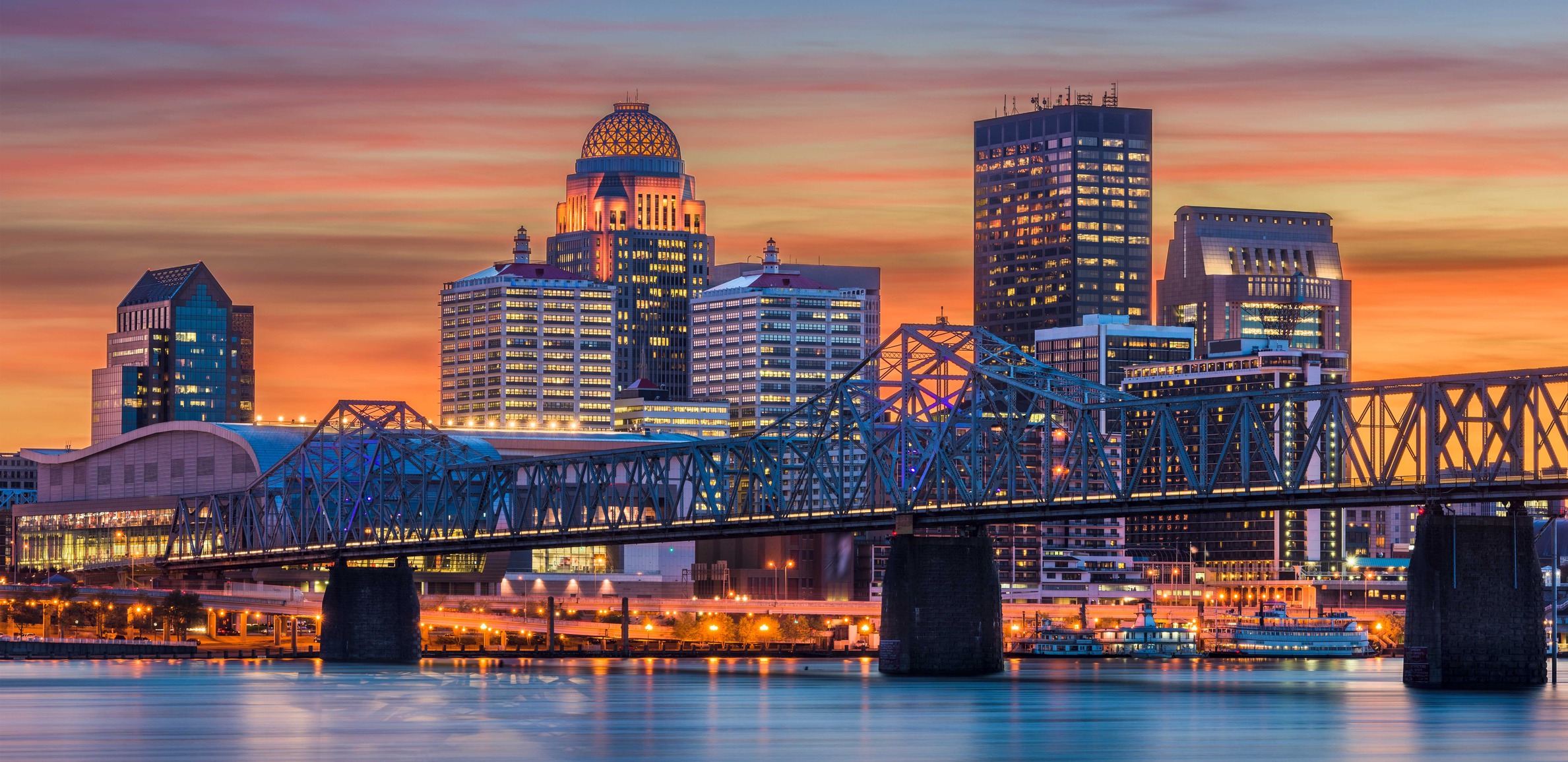 Louisville, Kentucky skyline at sunset over the Ohio River